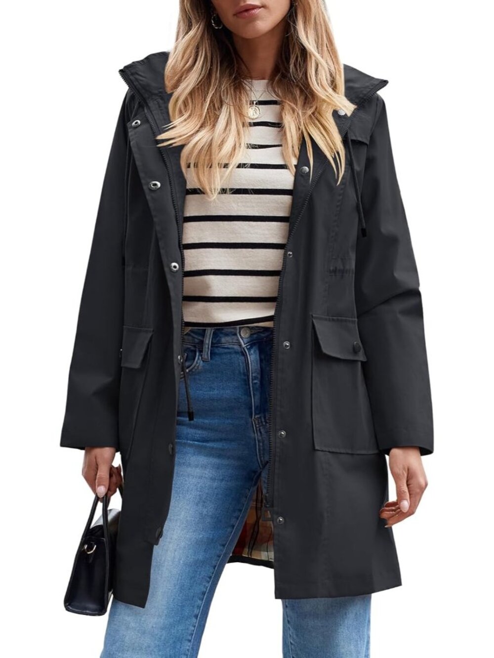 Women's Black 100% Polyester Hooded Long Waterproof Packable Trench Rain Coat